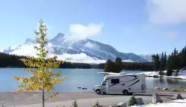 motorhome by lake in banff national park