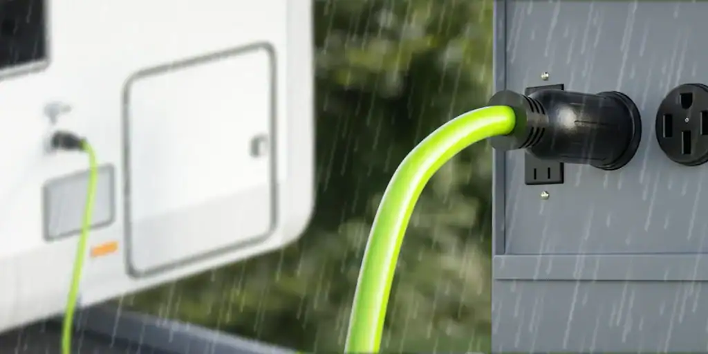 rv power cord and pedestal in rain