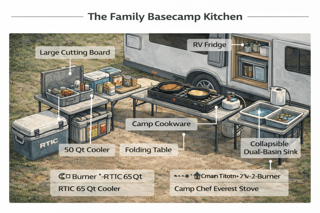 Camp Cooking Gear Essentials - Recommended Camp Kitchen Setups – Recommended Gear &Amp; Resources - Chapter 12 2 family basecamp kitchen